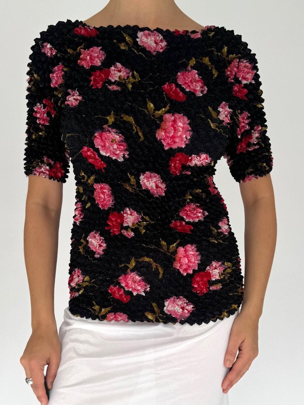 90s Y2K vintage floral rose print stretchy summer popcorn top bubble blouse